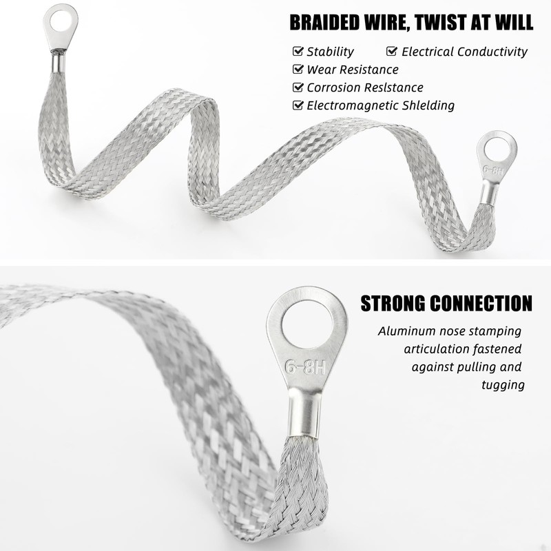 12PCS Automotive Ground Straps, 10/15/20 Inch Tinned Copper Braided Grounding