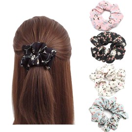 Chou Chou Chiffon Hair Elastic Hair Band Volume Adult Hair Ornaments Hair Closure Elegant Women's Girls Hair Accessories Easy Hair Arrangement Small Floral 4-Piece Set (Chiffon 4-Piece Set)