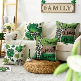AVOIN colorlife ST Patricks Day Home Sweet Home Clover Throw Pillow Covers, 18 x 18 Inch Love Lives Here Buffalo Plaid Bow Tie Shamrock Decoration for Sofa Couch Set of 4