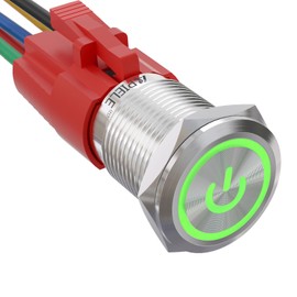 APIELE 16mm Latching Push Button Switch 0.63" 12V Power Symbol Ring Led Car Metal with Socket Plug 1NO1NC SPDT ON/Off (Green/Silver Shell)