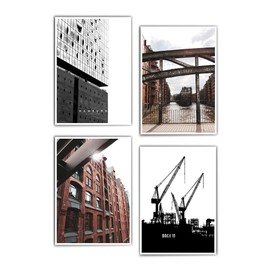 Hamburg Pictures - Poster Set for Your Living Room - Hamburg Elbphilharmonie Black White - Storage City Pictures - Cranes - without Picture Frame