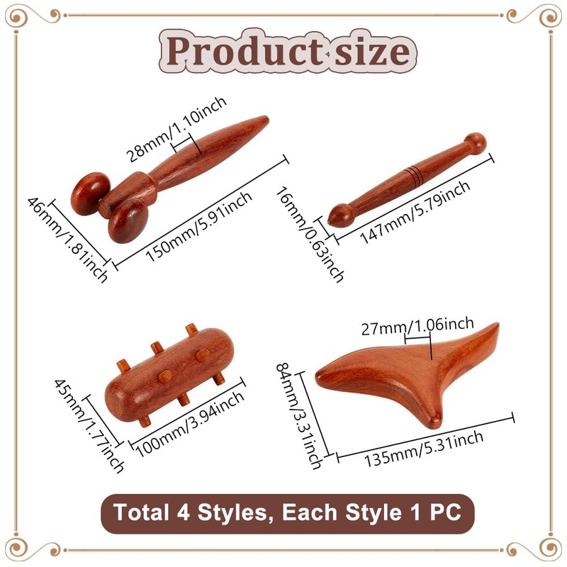 AHANDMAKER 4Pcs 4 Styles Massage Tool Set, Wooden Gua Sha