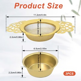 3 Pack Tea Strainer Bowl Fine Mesh Tea Strainers with Drip Bowls for Loose Tea Stainless Steel Gold Tea Strainers for Loose Tea Juice Coffee Filter (Gold)