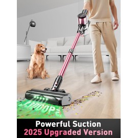 Cordless Vacuum Cleaner, 10 in 1 Stick Vacuum with Powerful Suction, Hose, Green LED Light, Anti-Tangle Brush, Lightweight Rechargeable Vacuum Cleaner for Home, Hardwood Floors, Carpets, Pet Hair,Pink
