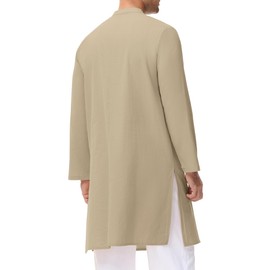 LVCBL Caftan Mens Islamic Vintage Side Split Kaftan Thobe for Men Button up Cotton and Linen Robe Khaki 2XL