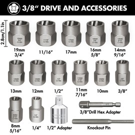 16PCS Bolt Extractor Kit 3/8" Drive Lug Nut Remover Socket Set for Stripped, Damaged Screws, Rounded Bolts and Fasteners (Included 3/8" Hex adapte and 1/2" Adapter)