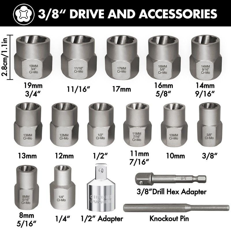 16PCS Bolt Extractor Kit 3/8" Drive Lug Nut Remover Socket
