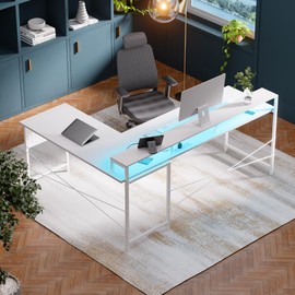 Pamray 64 Inch L Shaped Gaming Desk with Power Outlets and Led Lights, Large Corner Computer Desk with Monitor Stand and Pegboard, PC Table for Home Office and Bedroom White