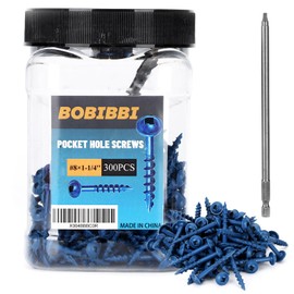 Bobibbi Pocket Hole Screws #8x1-1/4, Coarse Thread Wood Screws 300Pcs, Washer Head with Square Drive, 150MM Drive Bit Included