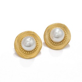 Aleasha Statement Pearl Earrings Big Gold Stud Earrings for Women White Pearl Wedding Party Prom Jewelry