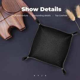 XYJG Valet Tray Desktop Storage Organizer Genuine Cowhide Leather Tray Bedside Vanity Tray Catchall Nightstand Caddy Holder for Phone, Wallet, Coin, Jewelry（Black）