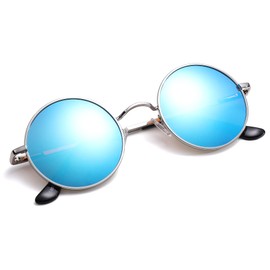 Pro Acme Small Round Polarized Sunglasses for Men Women Circle Retro Shades Metal Hippie Sunglasses UV400 （Silver Frame/Blue Mirrored Lens）