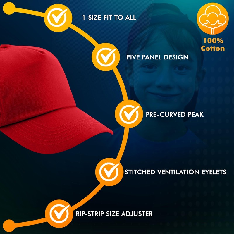 HiFEN® Unisex Kids 5 Panel Pre-Curved Plain Adjustable Baseball Cap