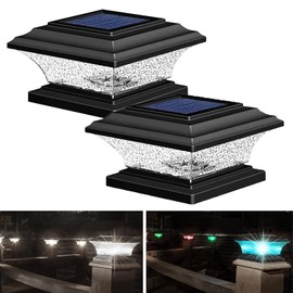 HUYIENO Solar Post Cap Lights - Outdoor LED Deck Fence Cap Light with 9 Light Modes, Bright White & 7 Color Fixed/Cycling Modes, Suitable for 4x4 & 5x5 Wooden Posts - Black, 2pk