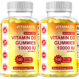 Vitamatic Sugar Free Vitamin D3 10000 IU - 120 Pectin Based Gummies - Great Taste - Healthy Bones, Mood & Immune System Function - Non-GMO - 120 Servings - 2 Pack