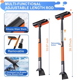 LevChall 39.37" Upgraded C-Shaped Extendable Ice Scrapers for Car Windshield 3-in-1 Snow Brush for Car Snow Scraper with 360° Rotating Brush Heads, Ergonomic EVA Foam Grip for Cars, Trucks, SUVs, RV