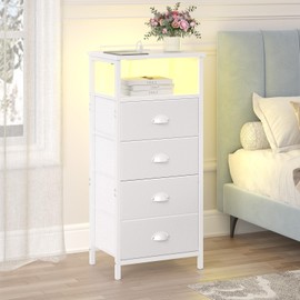sthmec Nightstand with Charging Station,LED White Nightstand with 4 Fabric Drawers PU Finish, Bedside End Tables, 2-Tier Open Storage Shelf Side Table Nightstand with Drawers for Bedroom,White