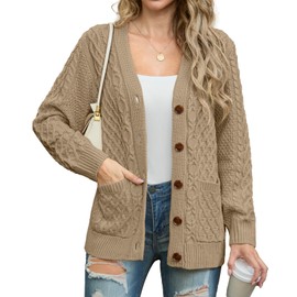 GRECERELLE Women's Knitted Cardigan, Women's V-Neck Button Placket, Open Front Sweater, Elegant Casual Autumn Winter Sweater with Buttons and Pockets, khaki
