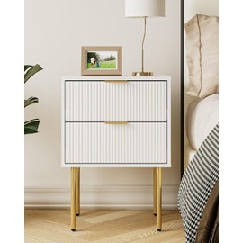 Aienvey Night Stand, Modern Nightstand with Drawers, Bedside Table, Gold Small Side Table for Bedroom, Living Room End Table (White Stripe, 2 Drawers)