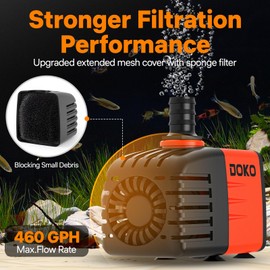 Doko Submersible Water Pump,460GPH Aquarium Water Pump with Extended Mesh Cover and Sponge,Ultra Quiet Pond Pump with 6Ft Power Cord for Fountains, Fish Tanks, Hydroponics, and Waterfalls