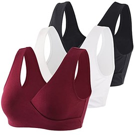 COLOMI Maternity Nursing Bra Wireless Cotton Breastfeeding Bra for Sleep (Black+White+Red Wine, XL)