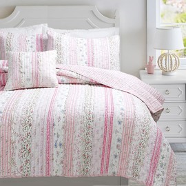 Cozy Line Home Fashions Shabby Chic Pink Flower Lace Ruffle Stripe 100% Cotton Reversible Quilt Bedding Set, Coverlet, Bedspread (Pink, Queen - 4 Piece: 1 Quilt + 2 Sham + 1 Décor Pillow)