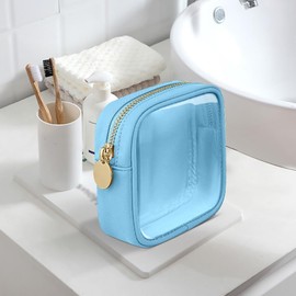 Small Nylon PVC Cosmetic Travel Bag Mini Clear Makeup Bag Waterproof Toiletry Storage Clutch Coin Zipper Pouch Beauty Skincare Bag for Women Girls White