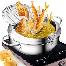 KYACHITOS 3.4L (9.4inch, 24cm) Deep Fryer Pot, Japanese Style 304 Stainless Steel Deep Fryer for Oil Recycling, Deep Fryer Pot with Temperature Gauge