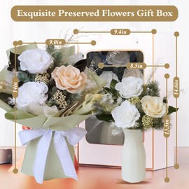 Preserved Hand Made Flower Bouquet Long Lasting Flowers Arrangement, 3 Years Lasting, Gift for Women Girlfriend on Valentine's Day New Year Birthday Anniversary (White with vase)