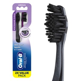Oral-B 3D White Charcoal toothbrush, 2 count MEDIUM manual tootbrush pack, Whitens teeth, removes plaque and stains, tongue scraper tooth brush