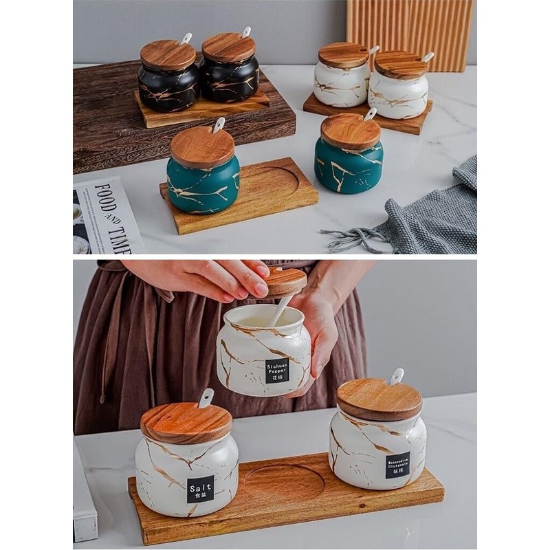 MAGICVOGEL Set of 2 Marble Look Spice Jars with Lid
