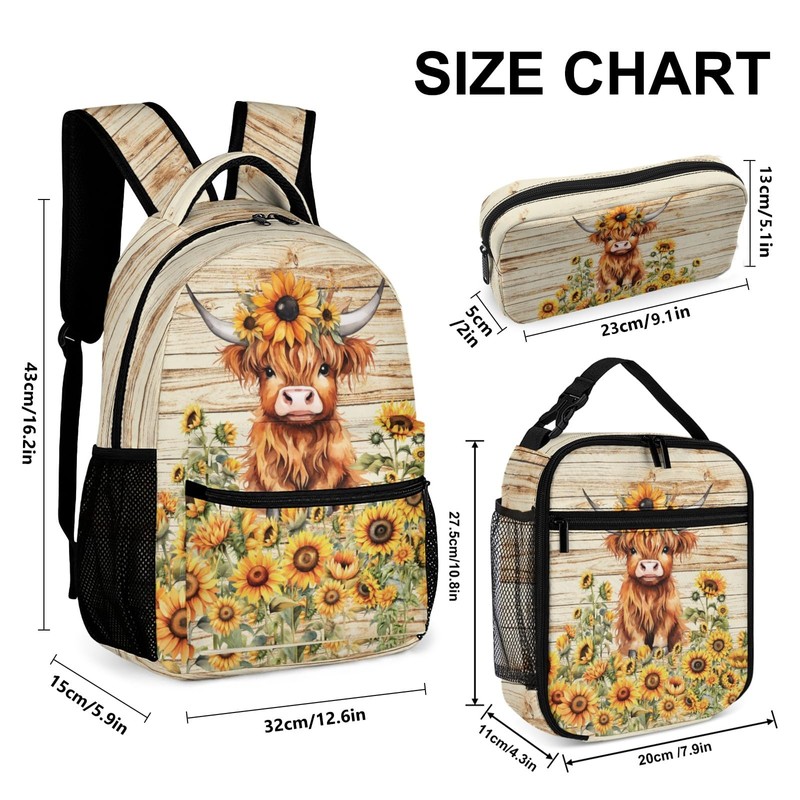 Homieblanket Highland Cow Backpack with Lunch Bag & Pencil Case,