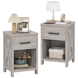 Giantex Farmhouse Nightstand Set of 2, Wooden Bedside Table with Storage Drawer & Open Shelf, End Side Table, Rustic Night Stand for Small Space Bedroom & Home Office, Antique Brush White
