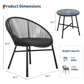 3 Pieces Outdoor Acapulco Chair Patio Bistro Set, All-Weather Acapulco Chairs with Glass Top Table, Modern Patio Conversation Chairs Set of 2 for Balcony, Pool, Garden, Backyard, Black