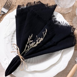 Socomi Handmade Cloth Napkins Cotton Linen Napkins with Fringe Rustic Boho Fringe Napkins for Fall Thanksgiving Chirstmas Wedding Decoration (Set of 10, Black)