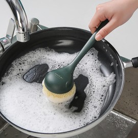 Kitchen Dish Scrubber with Long Handle, Heavy Duty Scrubbing Brushes for Dishes, with Plastic Replacement for Cleaning Kitchen, Pots, Pans, Grills (Long Handle Green)