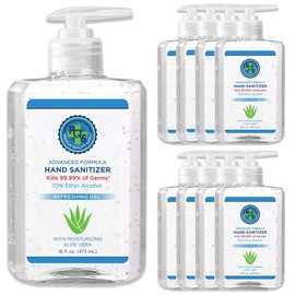 Hear Clear PQS Hand Sanitizer Gel 16 OZ - 70% Alcohol w/ Hand Pump, Aloe & Mild Lemon Scent (8 Bottles)