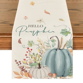 Artoid Mode Aqua Hello Pumpkin Leaves Fall Table Runner, Seasonal Autumn Kitchen Dining Table Decoration for Home Party Decor 13x36 Inch