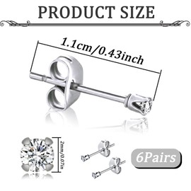 6 Pairs Cubic Zirconia Stud Earrings, Stainless Steel Round Clear Cubic Zirconia Earrings 2mm Women Men Tiny Hypoallergenic Cubic Zirconia Stud Earrings