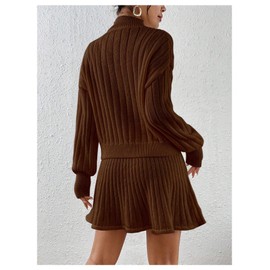 MakeMeChic Women's Sweater Skirt Sets 2 Piece Outfits Ribbed Knit Mock Neck Sweater Pullovers A Line Mini Skirt Set Coffee Brown Large