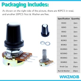 WWZMDiB 40PCS Potentiometer Kit with Knobs B1K 2K 5K 10K 20K 50K 100K 250K 500K 1M Ohm potentiometers Assortment Tapered Rotary Audio B-Type Potentiometer(Equipped with Nuts & washers）