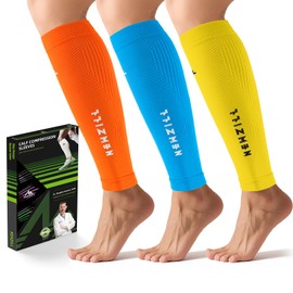 NEWZILL Calf Compression Sleeve for Men & Women | Footless Compression Socks for Shin Splint Relief, Varicose Veins | Leg Sleeve for Running, Travel, Nursing, Fitness (Orange/Yellow/Blue 3Pairs L/XL)