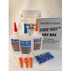Stick Fast Cyanoacrylate (CA) Dry Box Glue Kit, 3 Bottles- Thin, Medium, Thick, (2.5 oz), Storage Container, Plus Free 3 Replacement Tips, 3 Flexible Tips, Instruction Manual
