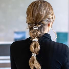 Yuanchu 3Pcs Ponytail Holder Hair Clips, 1Inch Metal High Ponytail Hair Buckles Silver Decorative Ponytail Cuff with Hair 3 Bands for Women Lady(Silver)