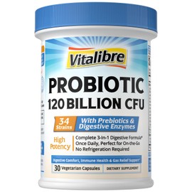 Vitalibre Probiotics for Women and Men, 120 Billion CFU 34 Strains, with Digestive Enzymes & Prebiotics, No Gluten, Gut Health, Digestive Health, Bloat Relief, 30 Vegetarian Capsules