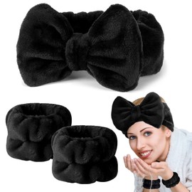 LADES Spa Headband - Fluffy Face Wash Headband and Towel Wristbands for Washing Face Soft Bow Skincare Headbands Wrist Bands for Women Girls Makeup,Face Washing
