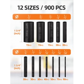 Eventronic 900PCS Wire Heat Shrink Tubing Kit, Industrial Heat-Shrink Tubing for Wires, 2:1 Marine Grade Heat Shrink Wrap, Premium Large Electrical Waterproof Heat Shrink Tape (Black 12 Sizes)