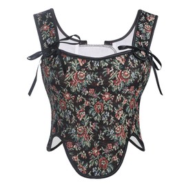 Jecarden Women's Renaissance Corset Bustier Tops for Women Victorian Cottagecore Corset Floral Ren Faire Top with Zipper (US, Alpha, Small, Regular, Regular, Black)
