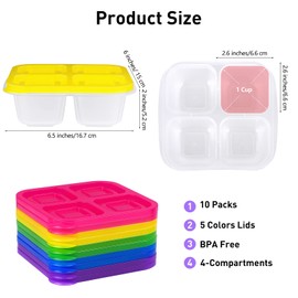 Ruisita 10 Pieces 4-Compartment Snack Bento Box Reusable Lunch Box Divided Food Storage Containers with Lids Portion Control Meal Prep Container for School, Work and Travel, White