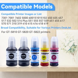 Tiampuk 5 Pack 31 32XL Ink Bottle Refill Kit Compatible for HP Smart Tank 5101 7301 7602 7001 6001 Plus 551 651 455 457 450 All-in-One Ink-Tank Printers 2 Black/Cyan/Magenta/Yellow Ink